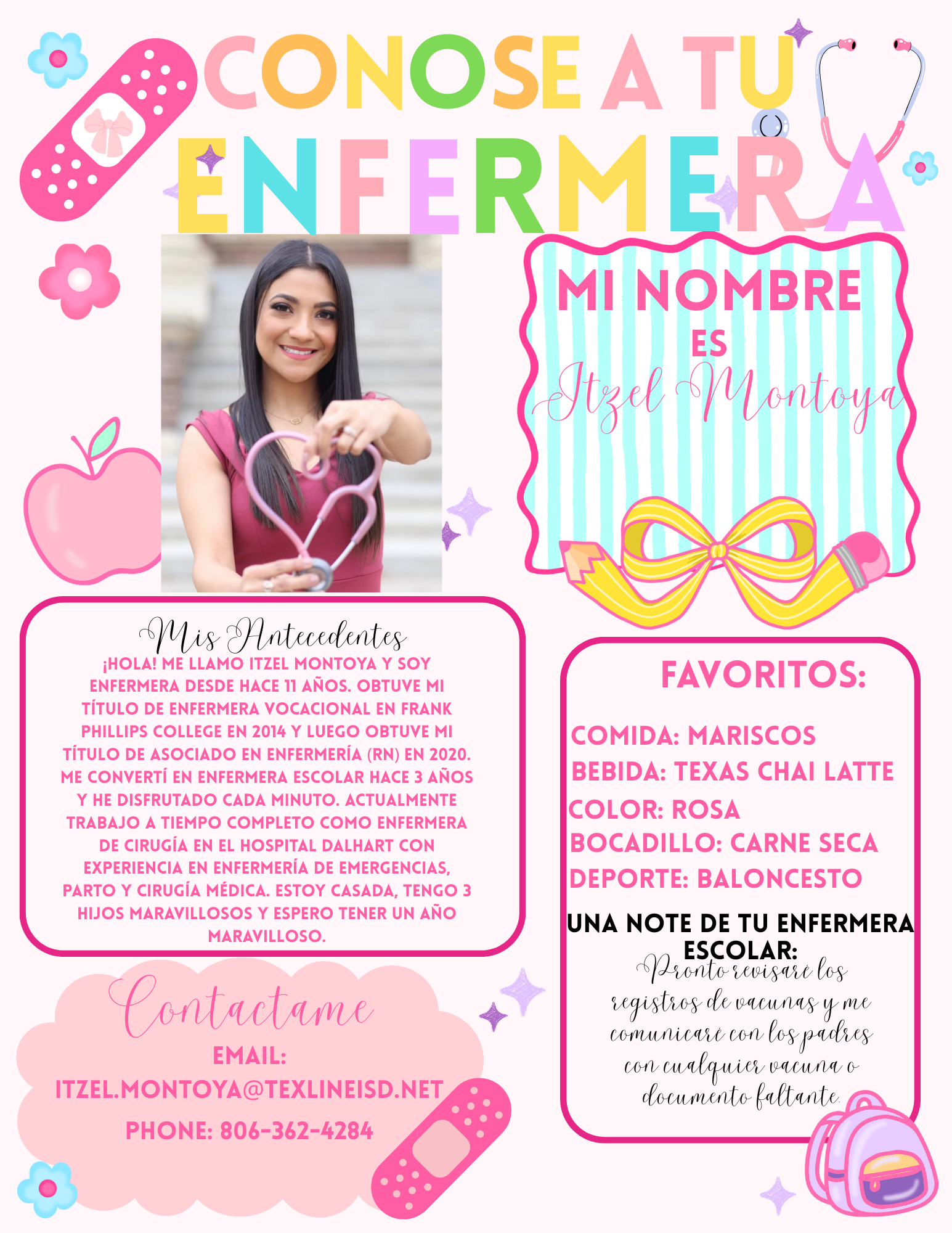 Picture of newsletter introducing school nurse, Itzel Montoya