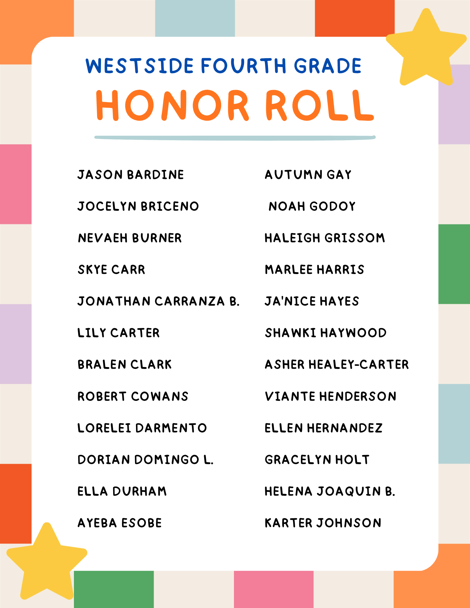 Honor Roll 4th Grade