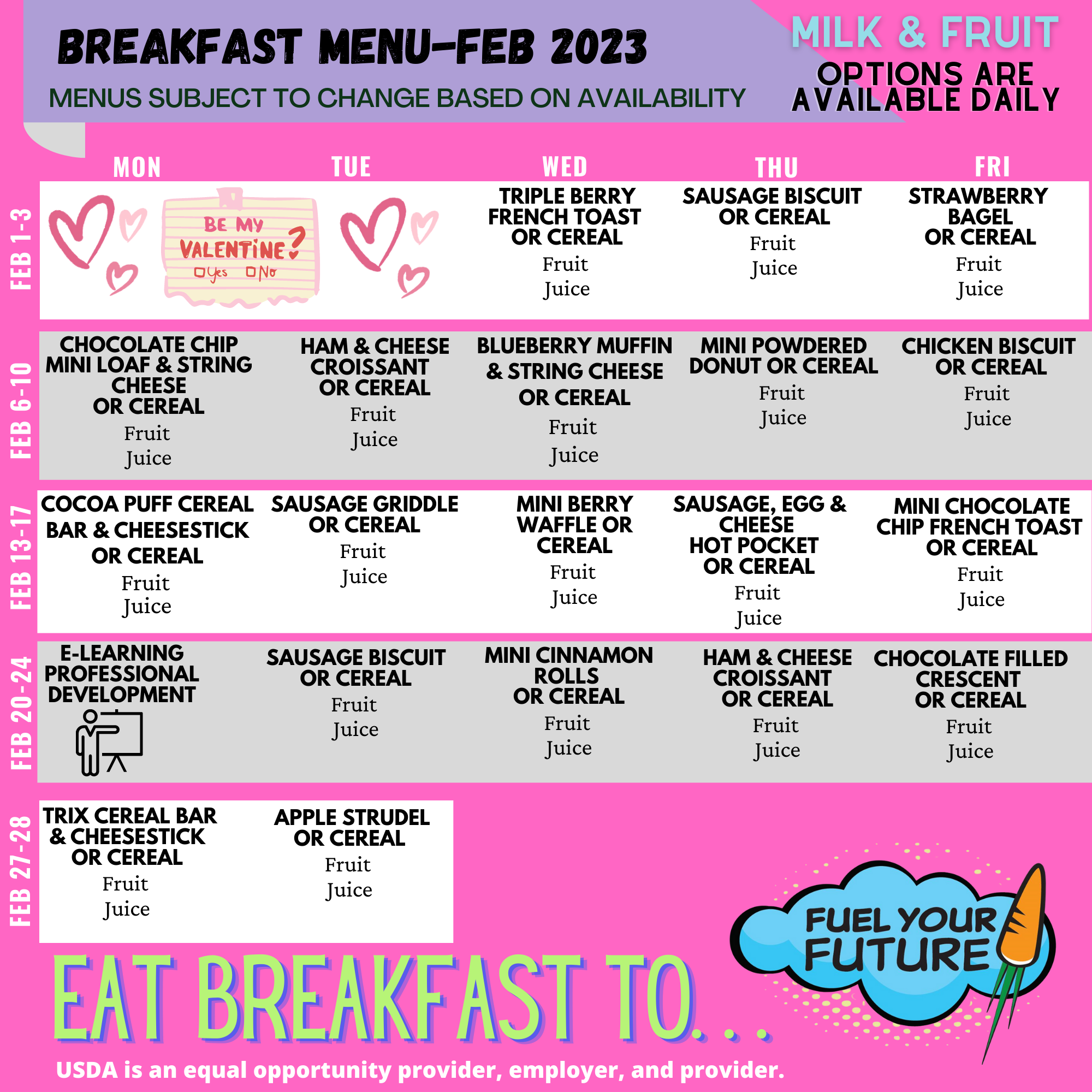 February 2023 Breakfast Menu