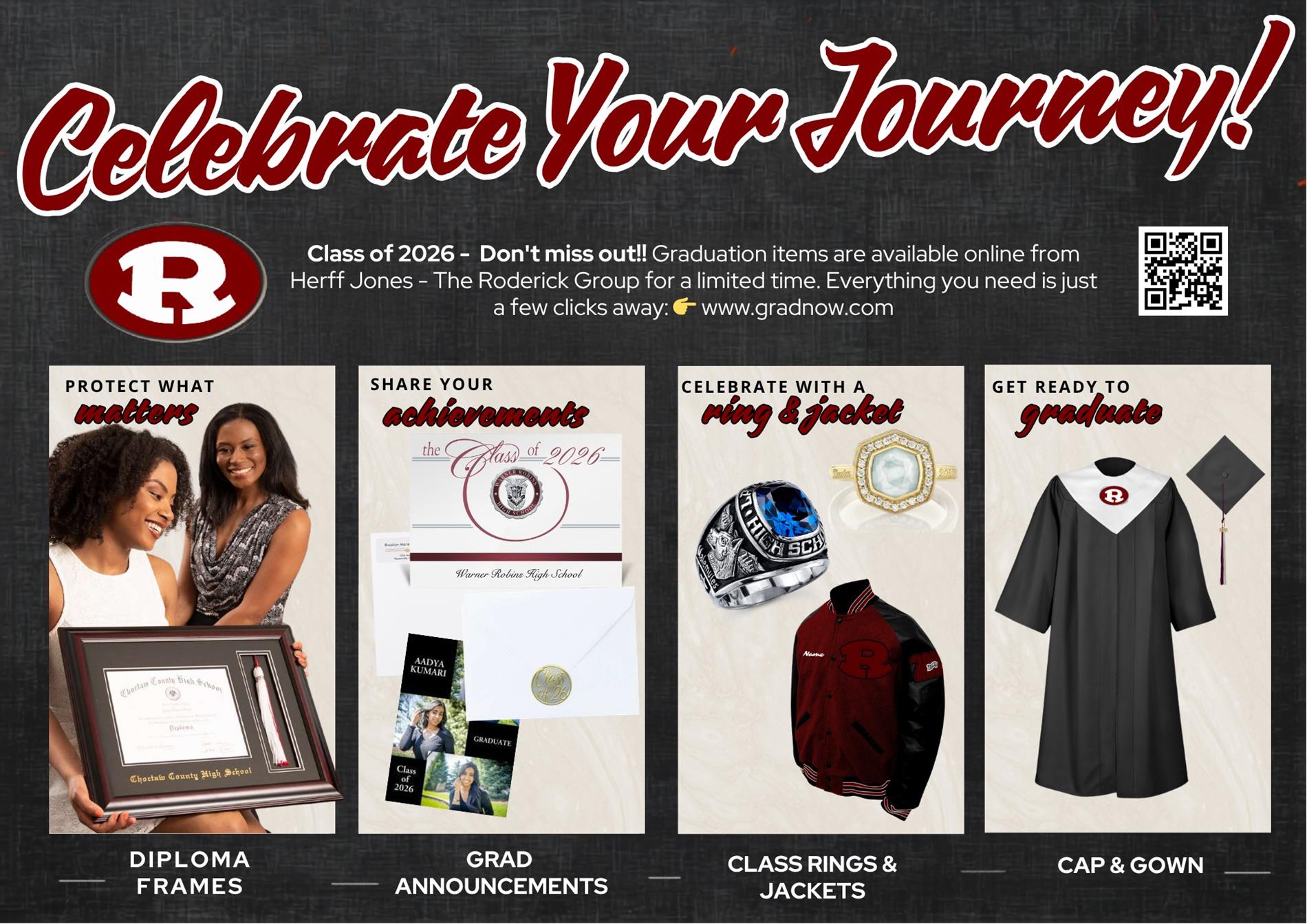 ATTN: DEMONS! LAST CALL FOR THE CLASS OF 2026! The countdown is on and graduation items are only available for a limited time. Don’t miss your chance to get your official graduation gear.   Make sure you have everything you need to celebrate the big day! •	🎓 Cap & Gown: Required for the ceremony—don't walk without it! •	✉️ Grad Announcements: Personalized cards let everyone know you've officially made it! Don’t forget to keep one for yourself as a memento of the big day. •	📜 Diploma Frames: Protect & display your hard-earned achievement. •	💍 Class Rings & Jackets: Wear your Demon pride for years to come.   How to Order: Visit 👉 www.gradnow.com to place your order with Herff Jones – The Roderick Group before it's too late! Questions: Email Herff Jones – The Roderick Group at info@gradnow.com
