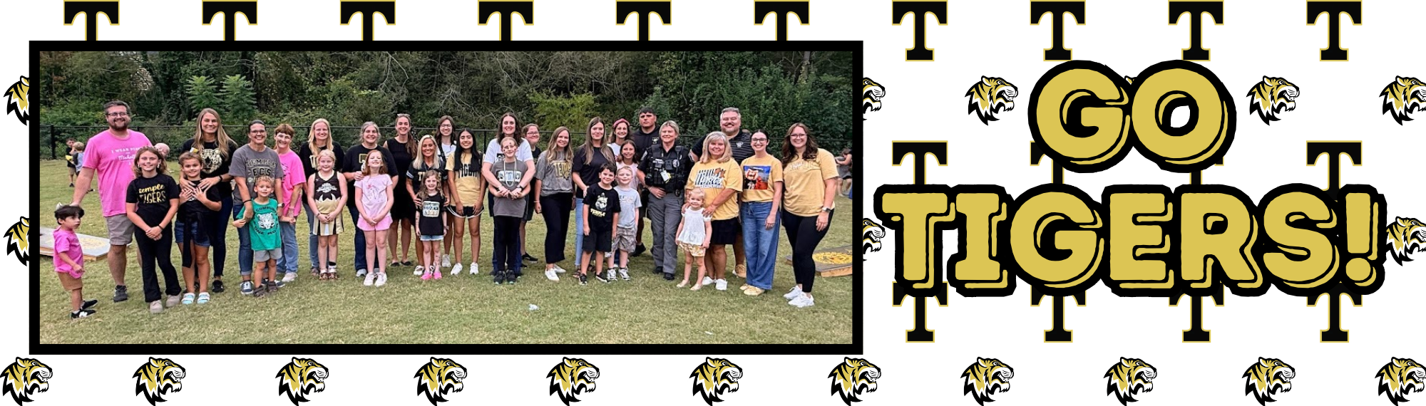 Let's Go Tigers with a picture of staff at football game