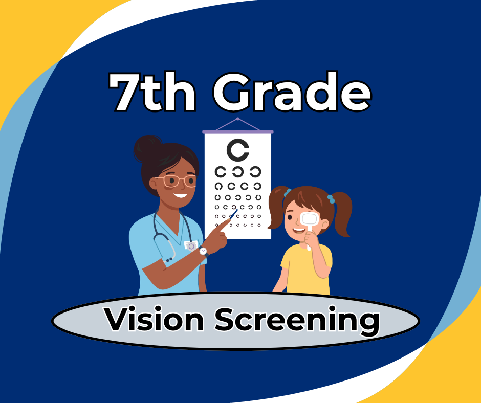 7th grade vision screening. Clipart of nurse giving eye exam to child.