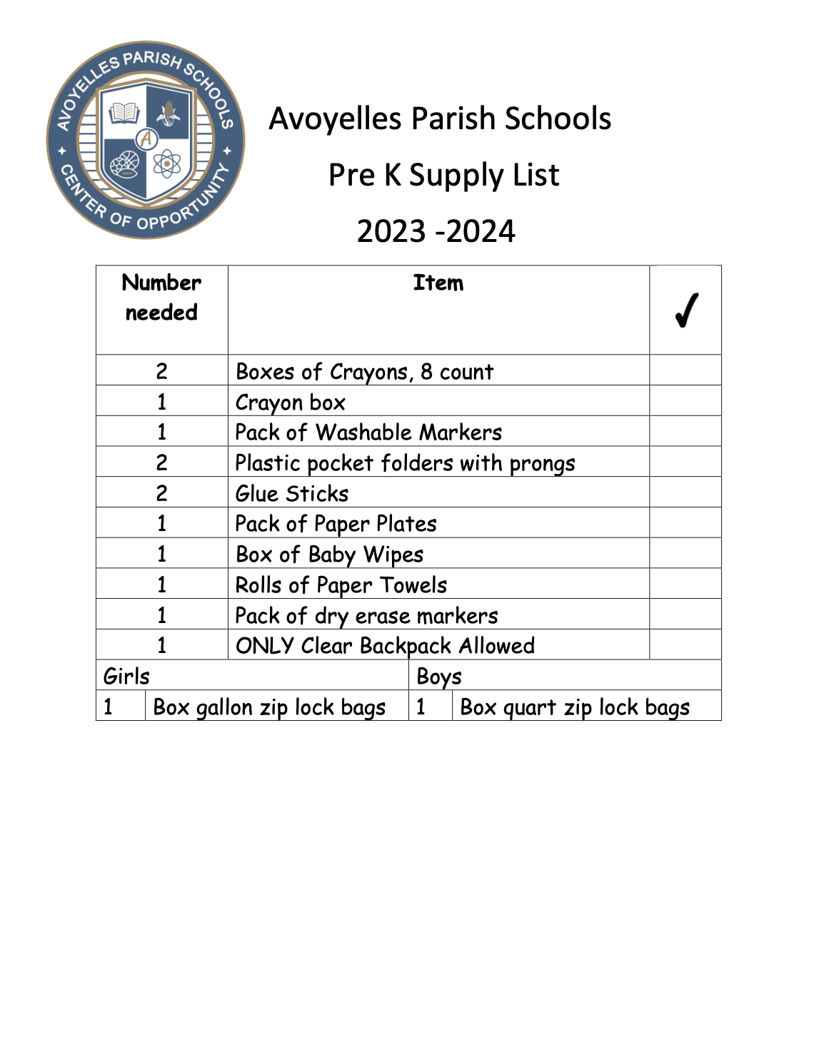 Pre-K Supply List 2023-2024