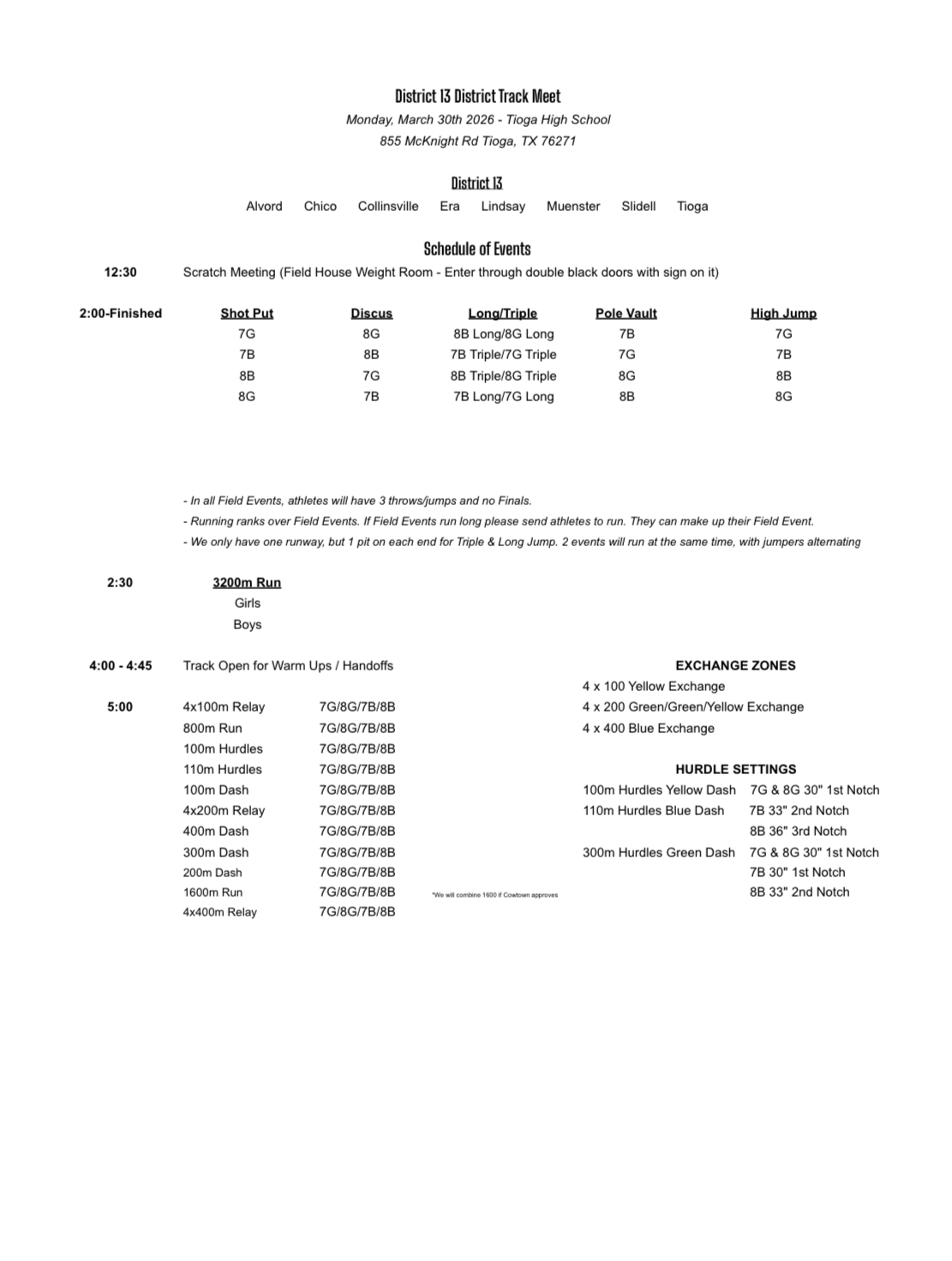 🏃‍♂️🏅 District 13-2A Junior High Track Meet 🏅🏃‍♀️ Monday, March 30 at Tioga High School 📋 Schedule of Events below! ⬇️