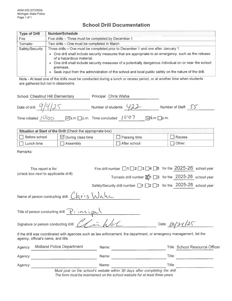 Form for Chesnut Hill Elementary's first tornado drill of 2025-2026