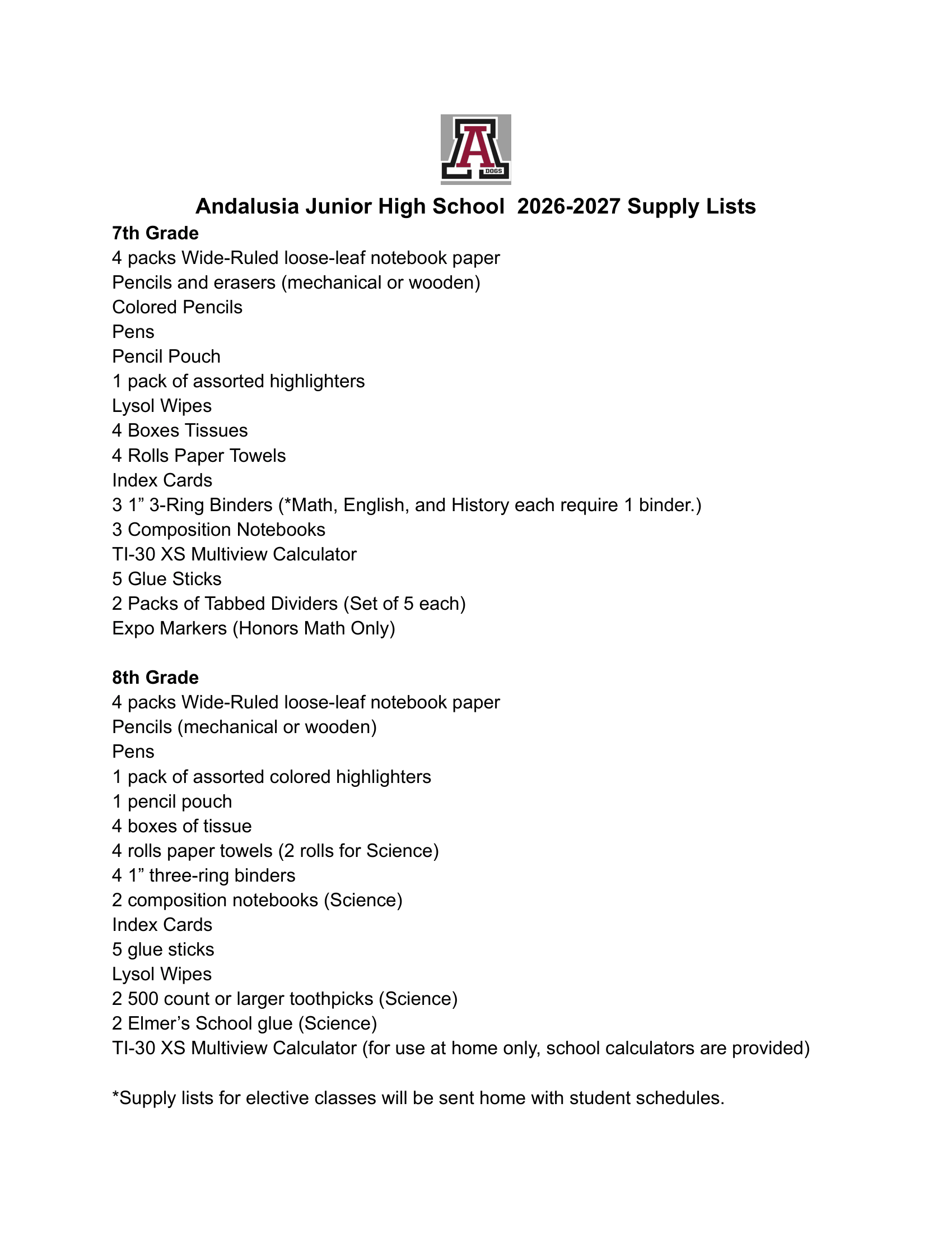 AJHS Supply List for the 2026-2027 School Year