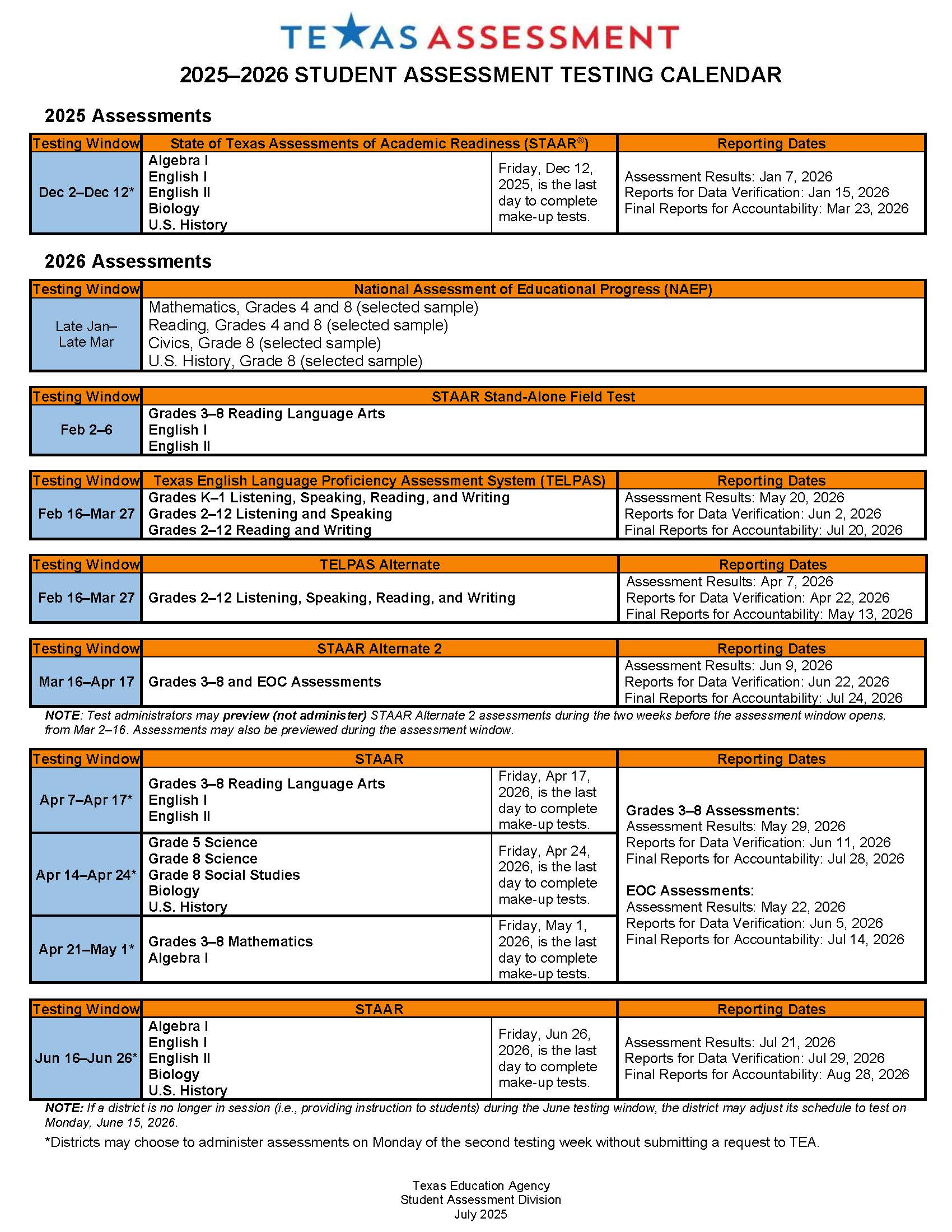 2025-2026 Testing Calendar
