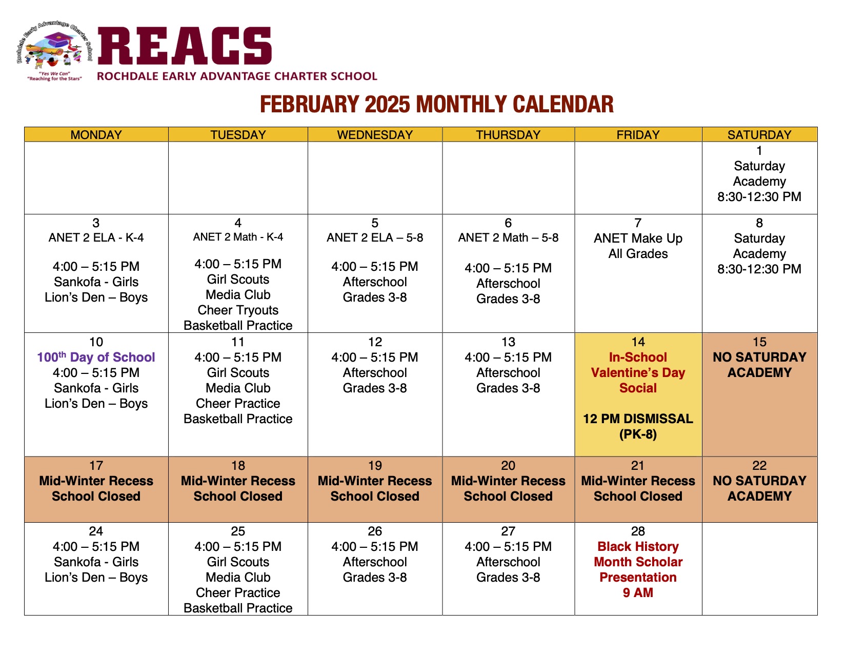 February Monthly Calendar