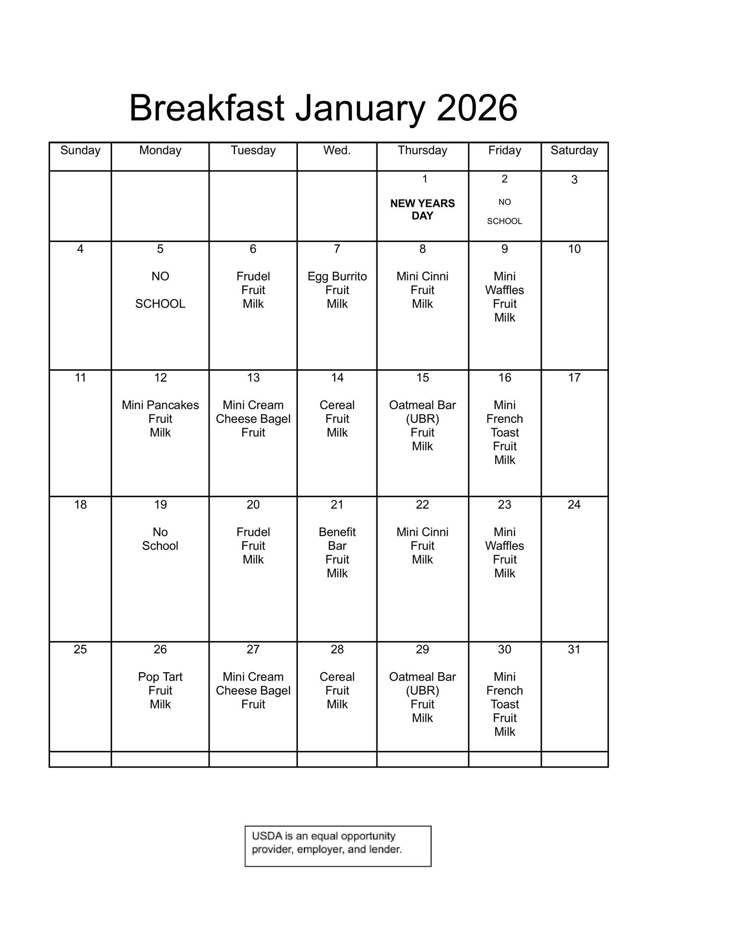 January 2026 breakfast menu