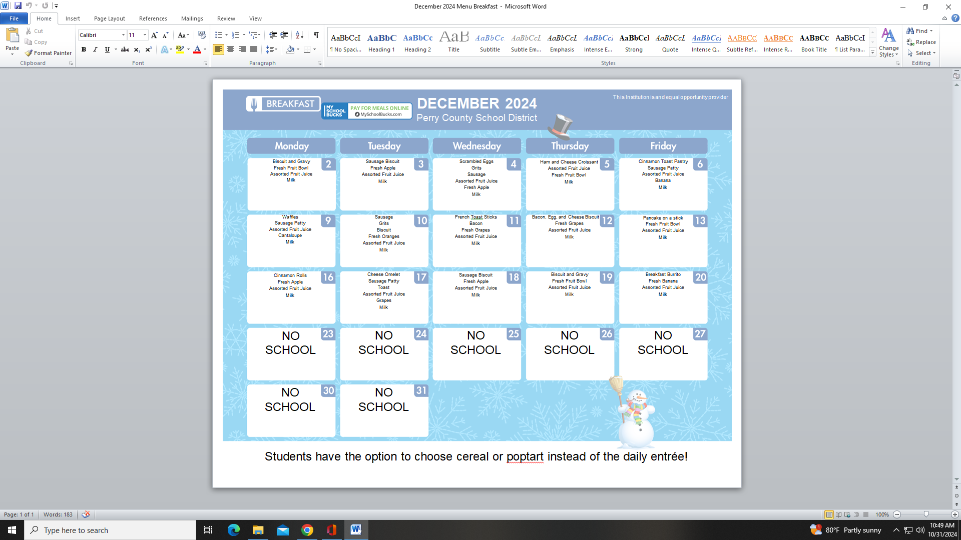 December Breakfast Menu 2024