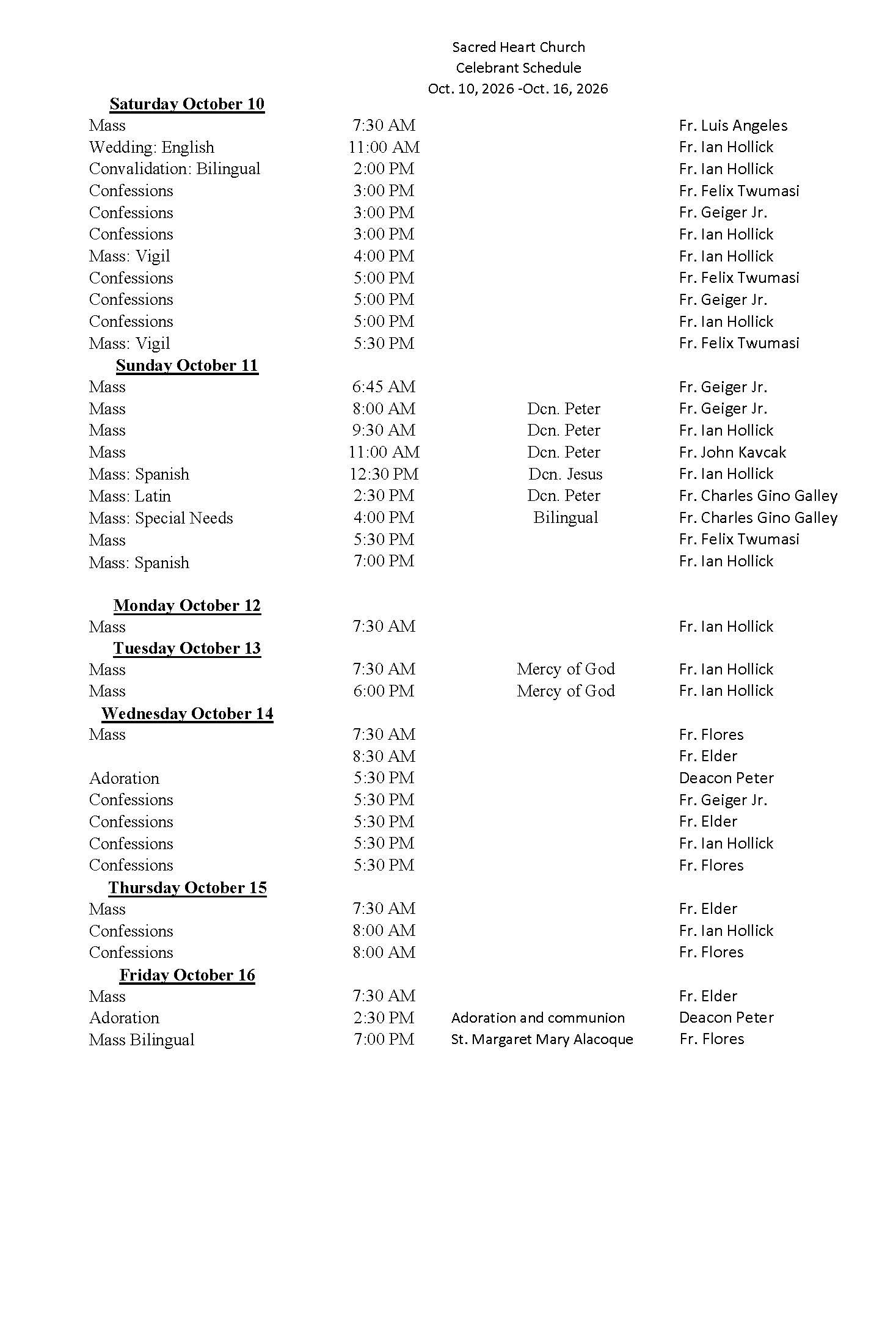 celebrant schedule