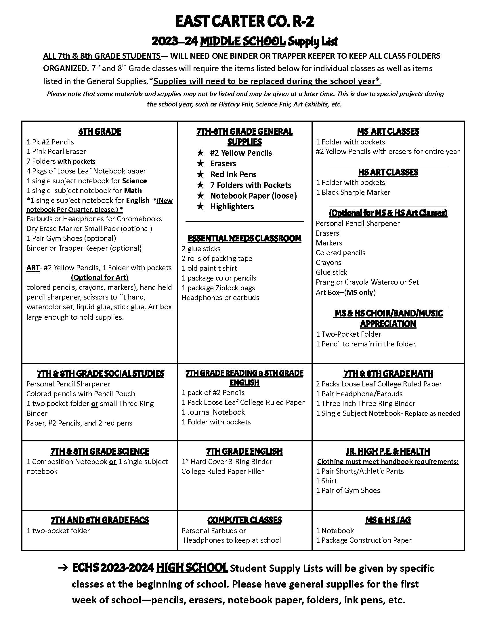 Student Supply Lists 