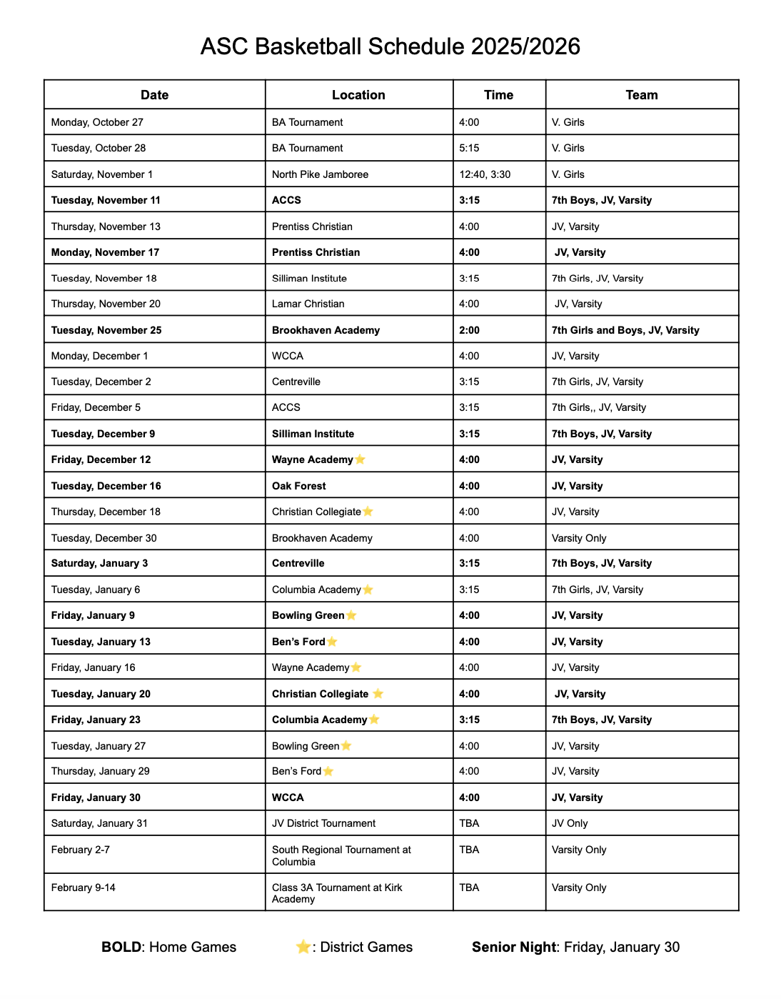 Basketball Schedule
