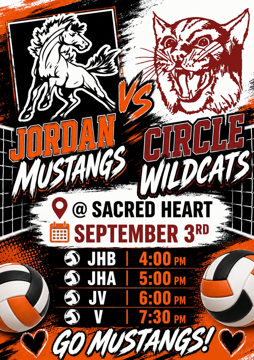 Jordan Mustangs vs. Circle Wildcats @ Sacred Heart September 3rrd JHB 4, JHA 5, JV 6, V 7:30 Go mustangs!