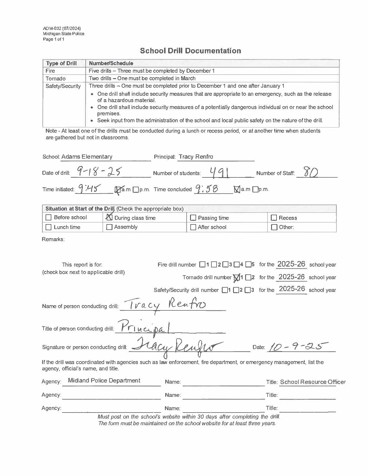 Form for Adams Elementary's first tornado drill of 2025-2026 Form for Adams Elementary's first tornado drill of 2025-2026