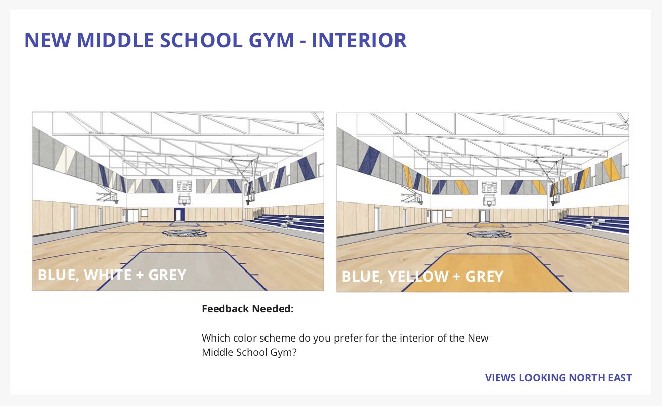 New Middle School Gym Interior Colors - Blue, White, and Grey Versus Blue, Yellow, and Grey
