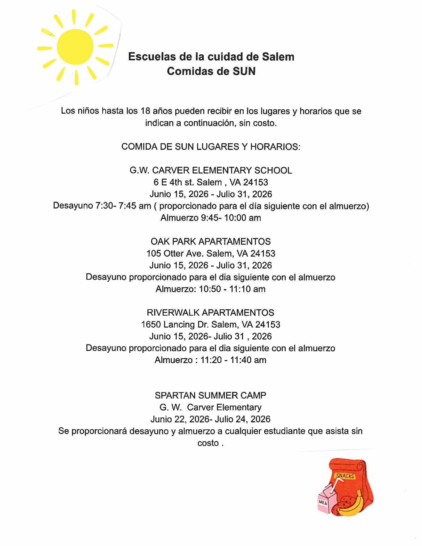 Summer Meals list, Spanish