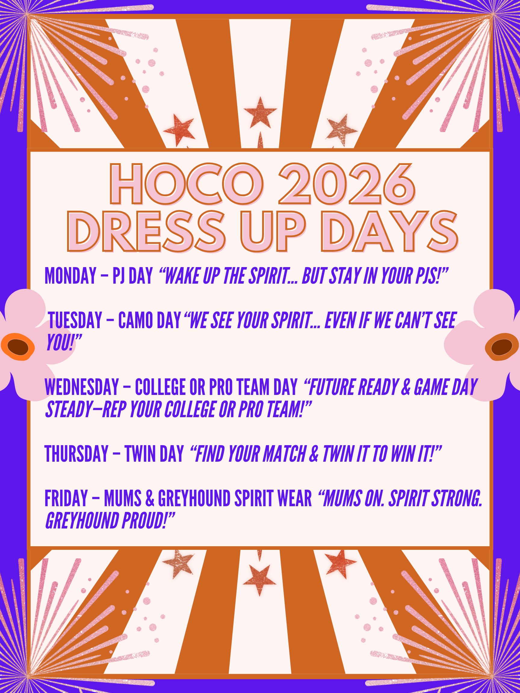 Homecoming 2026 dress up daily themes 