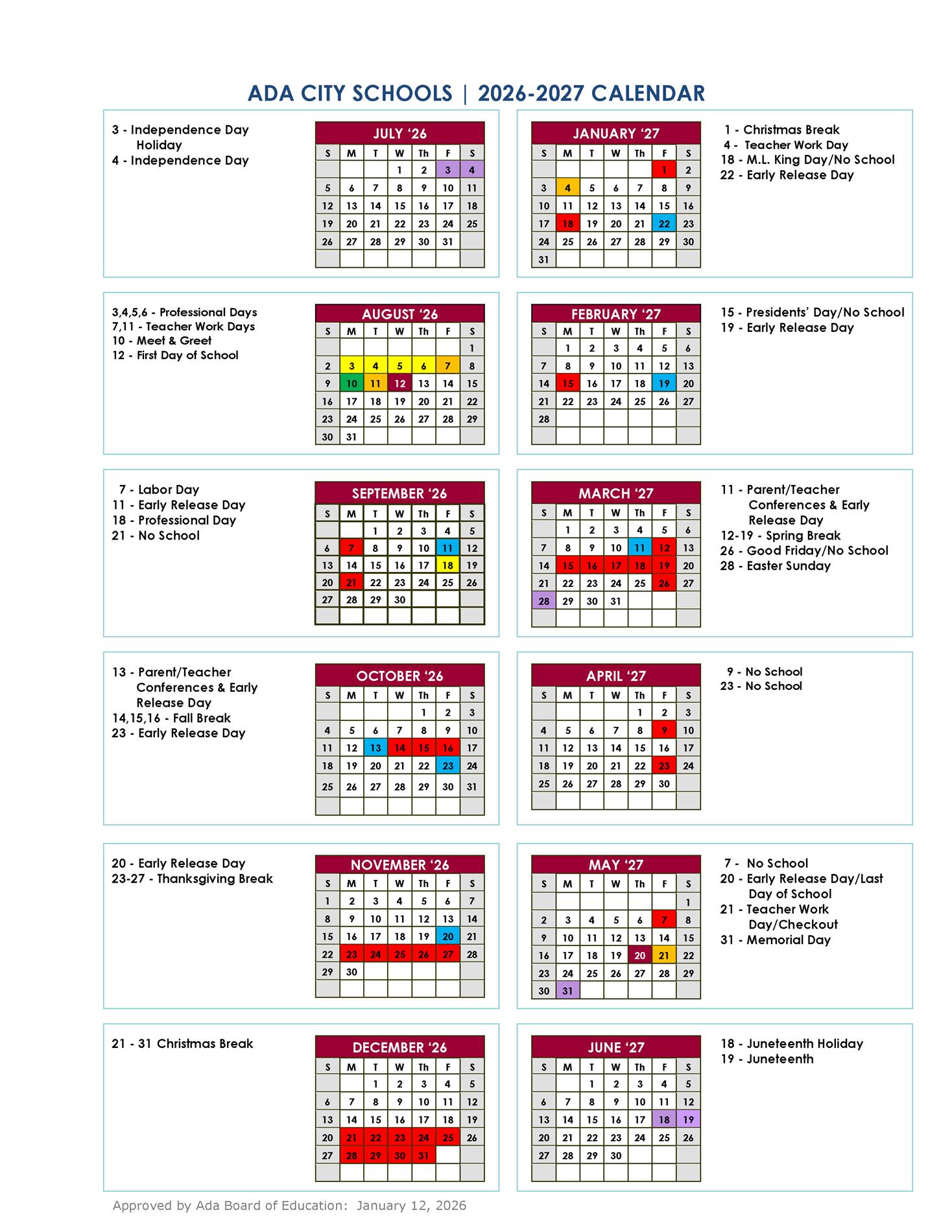 Photo of the calendar for the Academic School year  26-27 