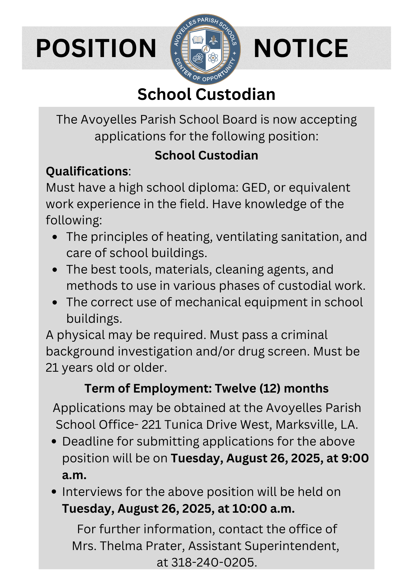 School Custodian Job Posting 8.12.25