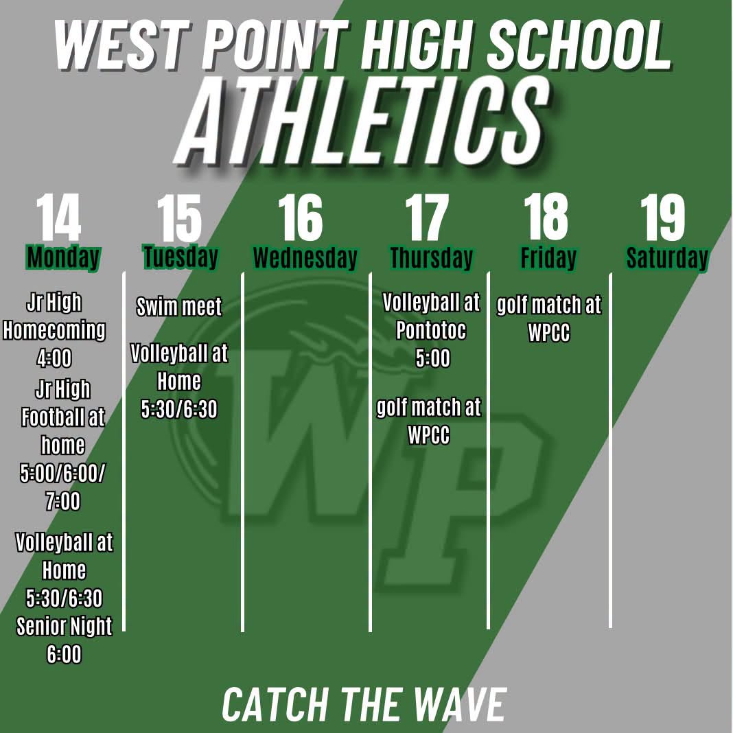 West Point High School athletics flyer listing events for September 14 through 19, including Junior High Homecoming, football, volleyball, swimming, golf, and Senior Night.