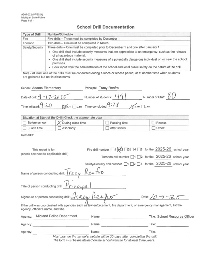Form for Adams Elementary's second fire drill of 2025-2026 Form for Adams Elementary's second fire drill of 2025-2026