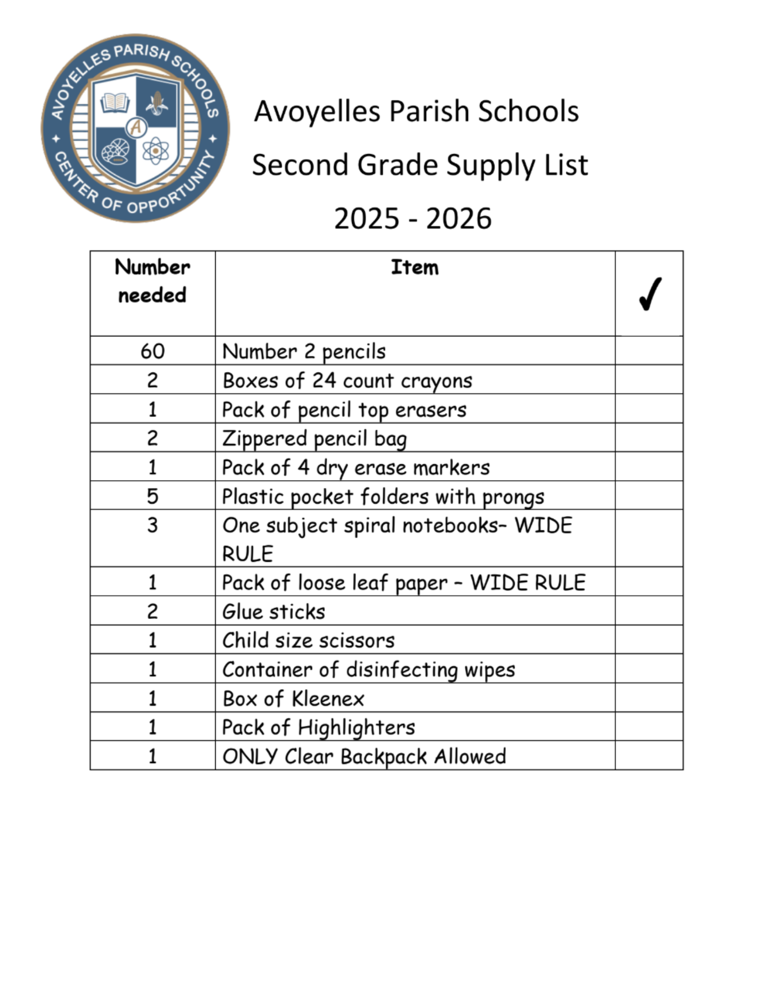 2nd Grade Supply lIst 25-26