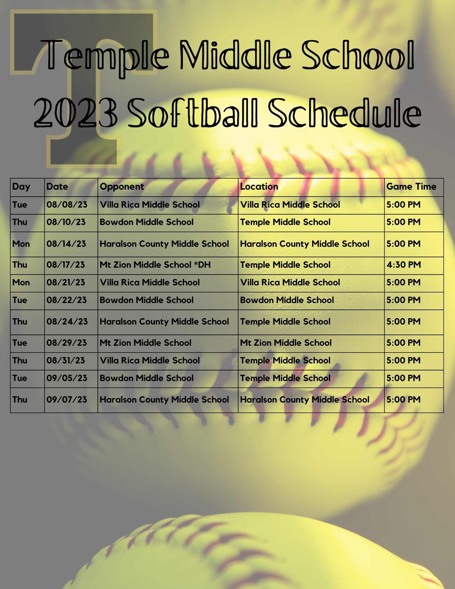 softball schedule