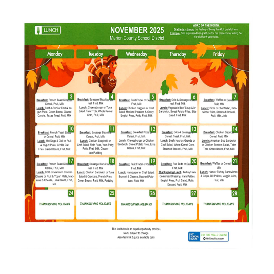 November Breakfast and Lunch Menu