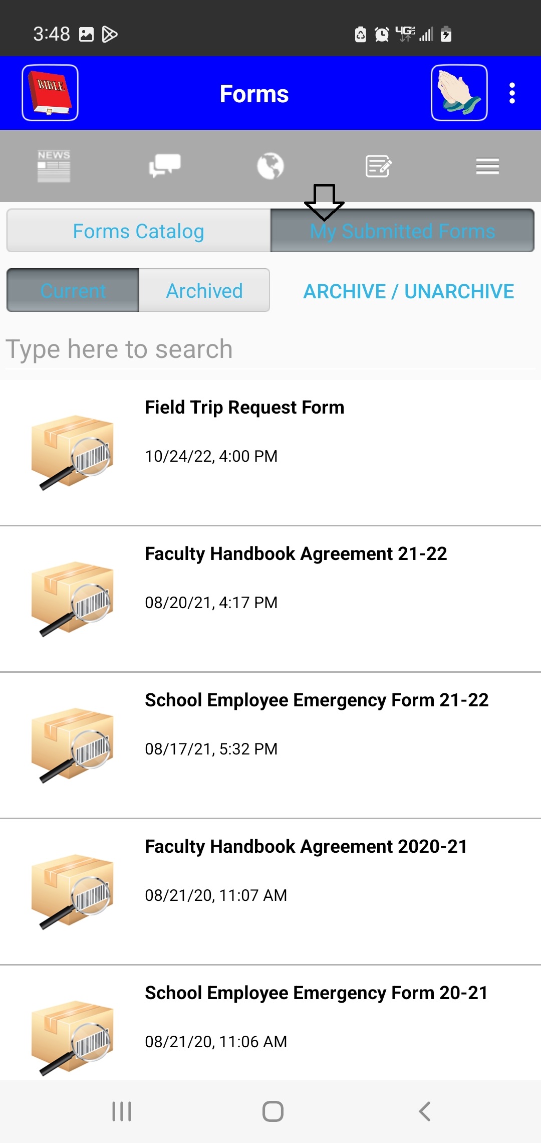 screen shot showing submitted forms