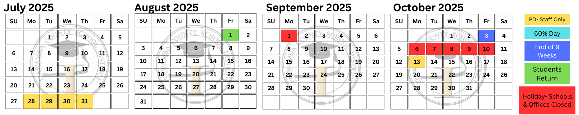 July-Oct Calendar