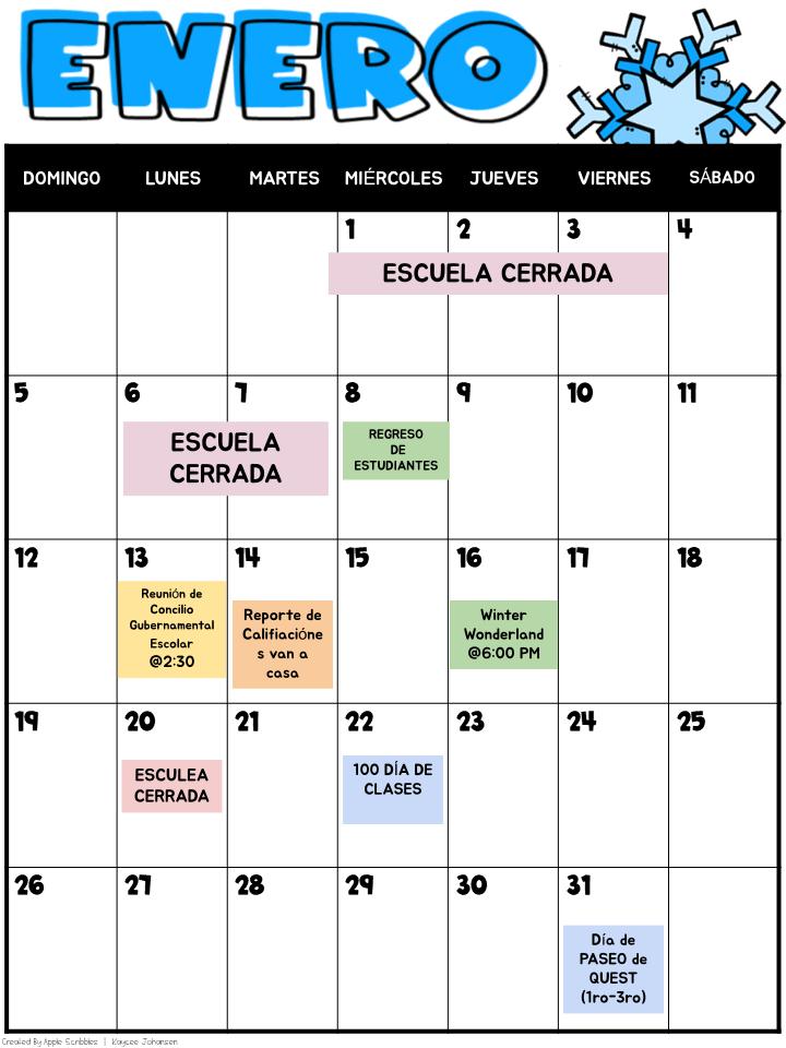 JANUARY SCHOOL CALENDAR (SPANISH)