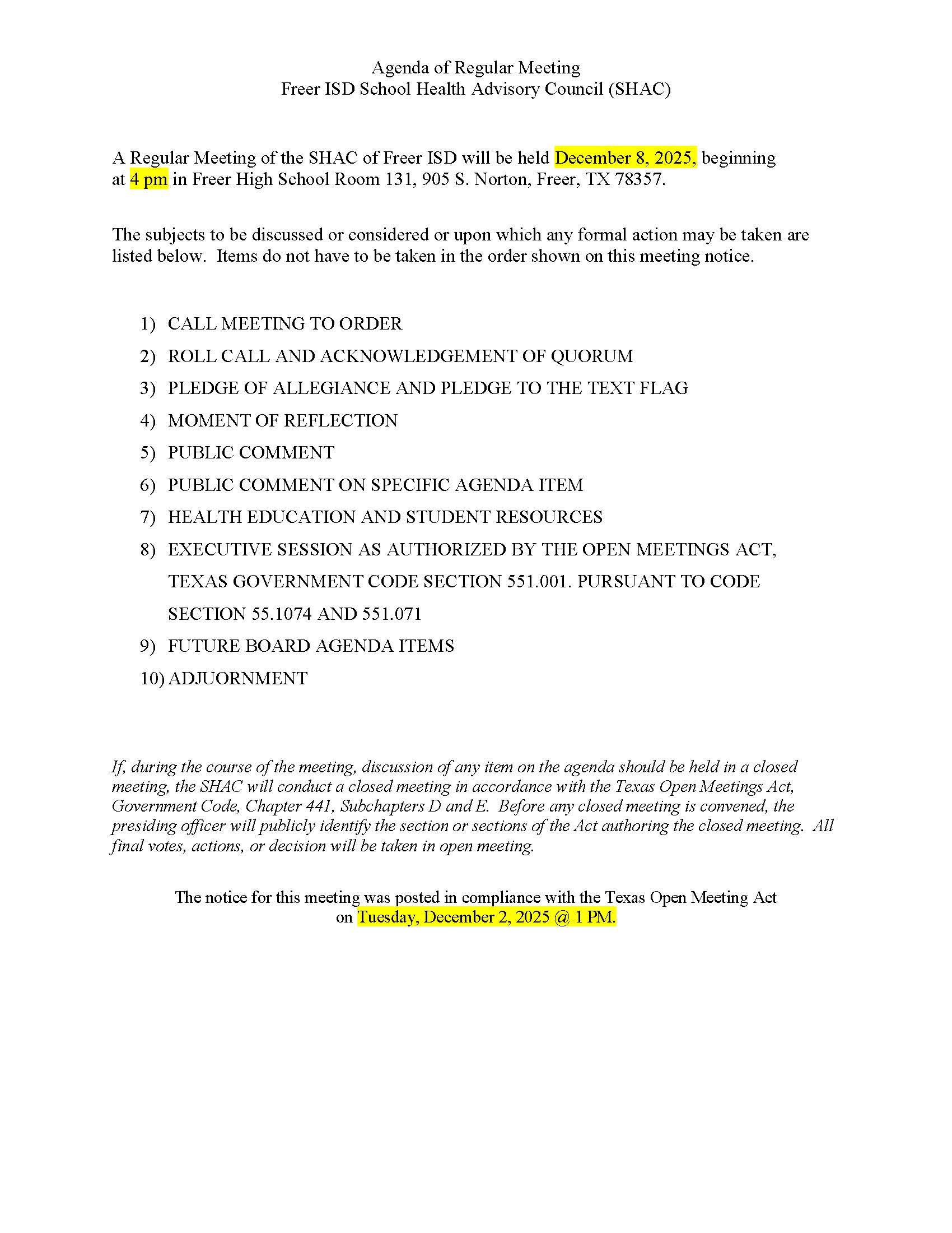 SHAC Regular Meeting SHAC Regular Meeting