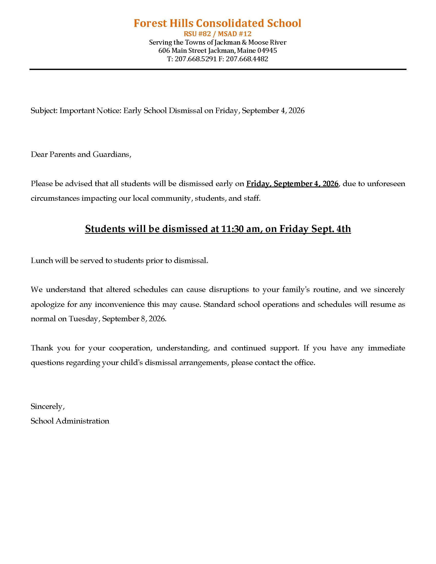 9/4/26 Early Release at 11:30 am