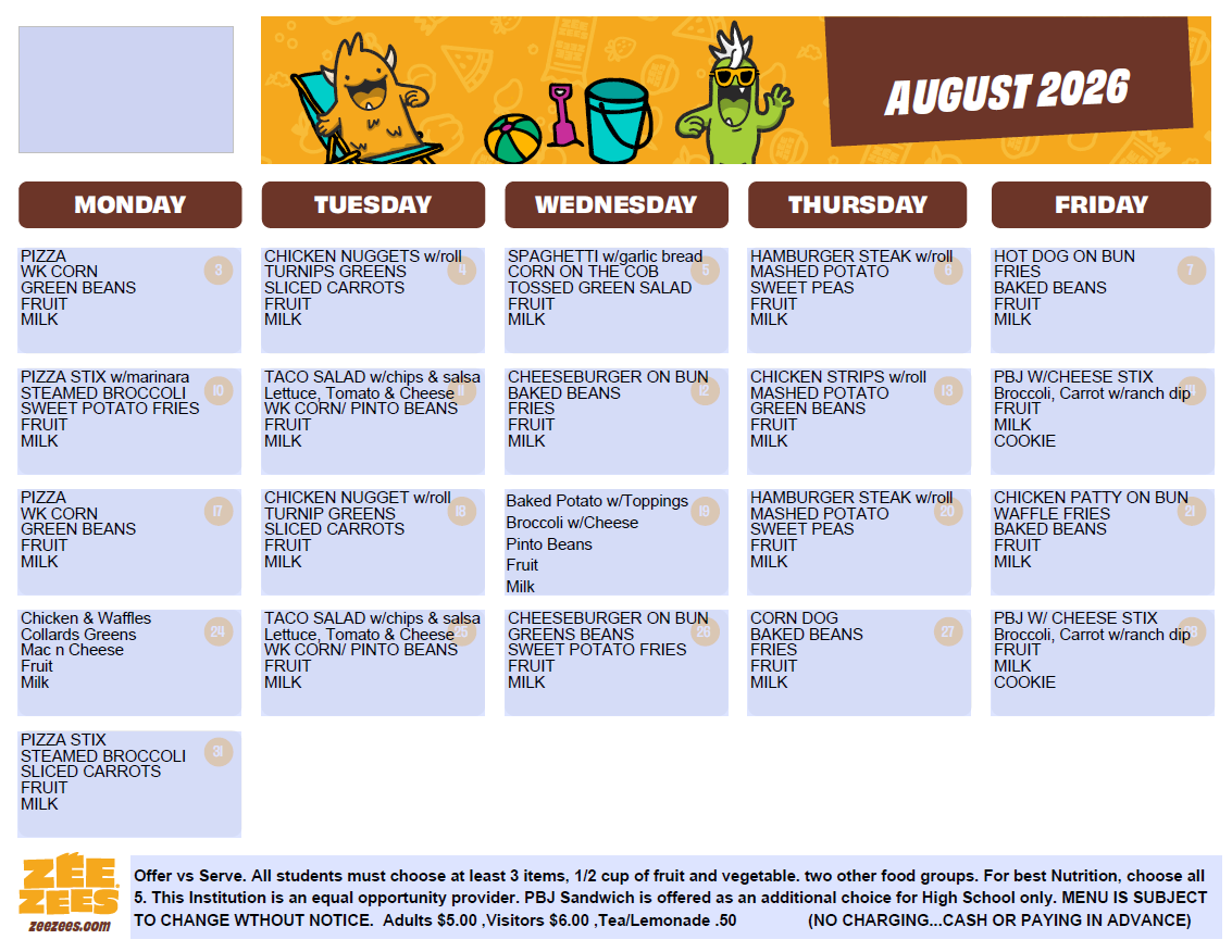 August 2026 Lunch Menu