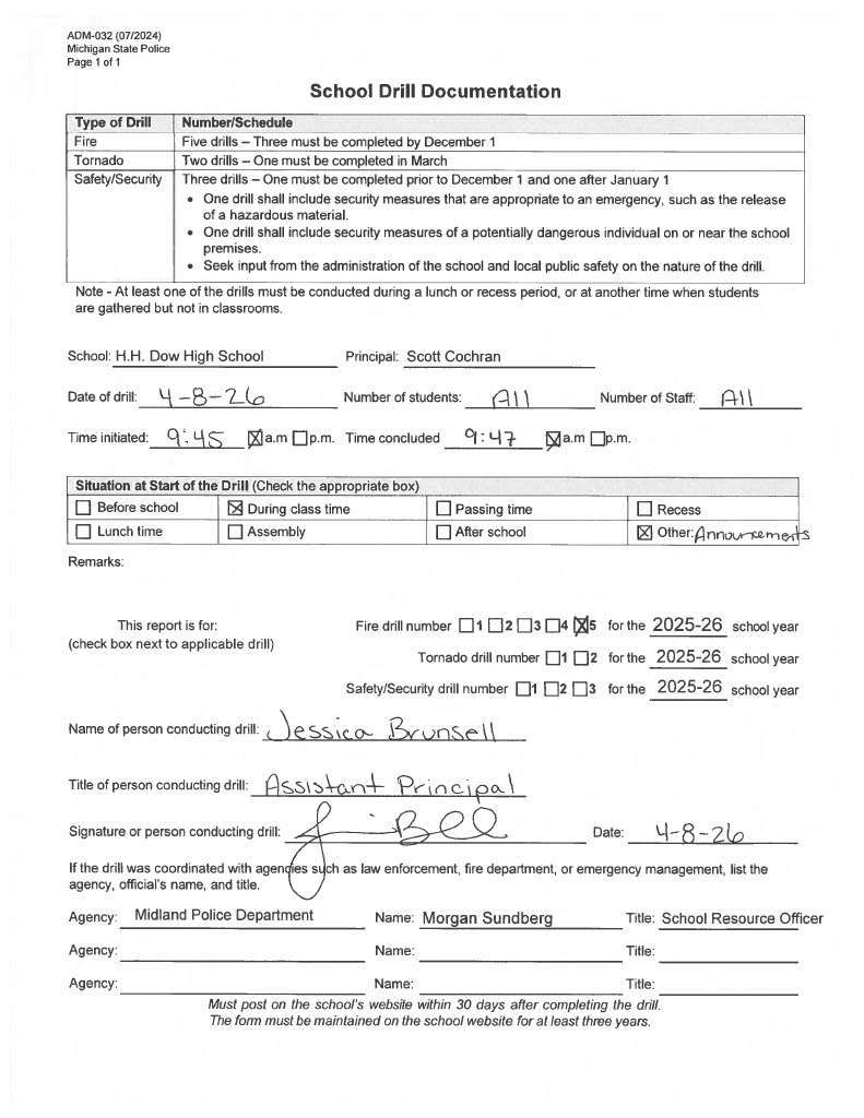 Form for Midland High School's fifth fire drill of 2025-2026
