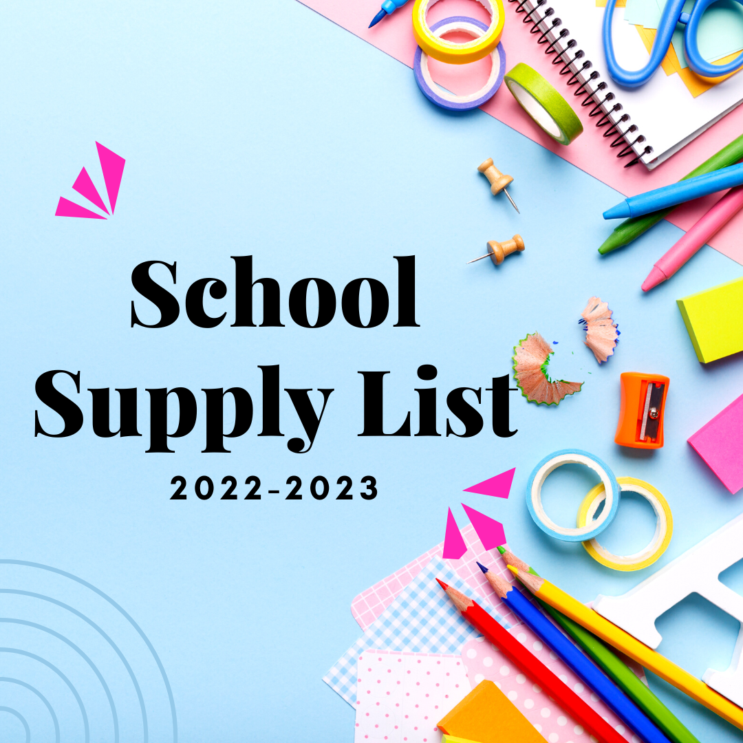 School supply list graphic with blue background 
