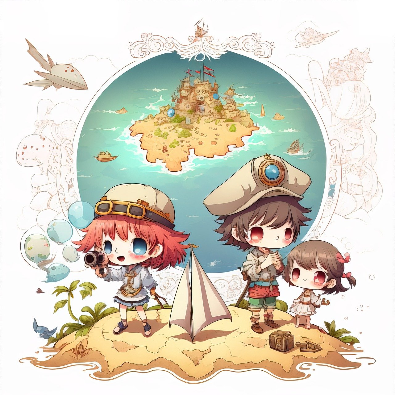 cartoon image of people dressed in explorer gear standing on a desert island; background image is fantasy world map image inside a globe frame with an flying machine made of folded parchment passing overhead cartoon image of people dressed in explorer gear standing on a desert island; background image is fantasy world map image inside a globe frame with an flying machine made of folded parchment passing overhead