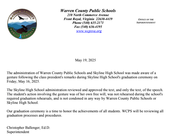 The text of the comment, on Warren County Public Schools letterhead