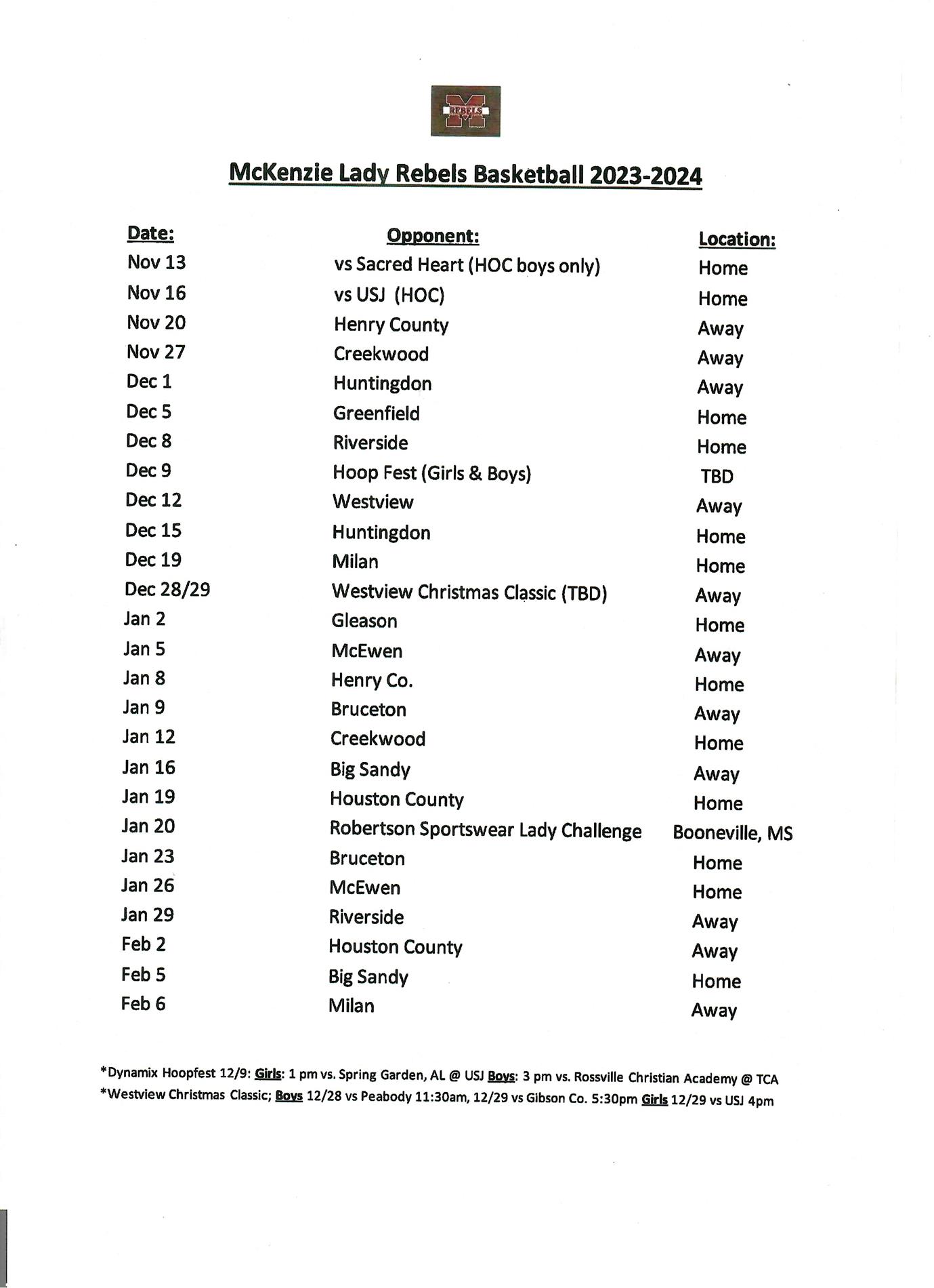 MHS Basketball Schedule