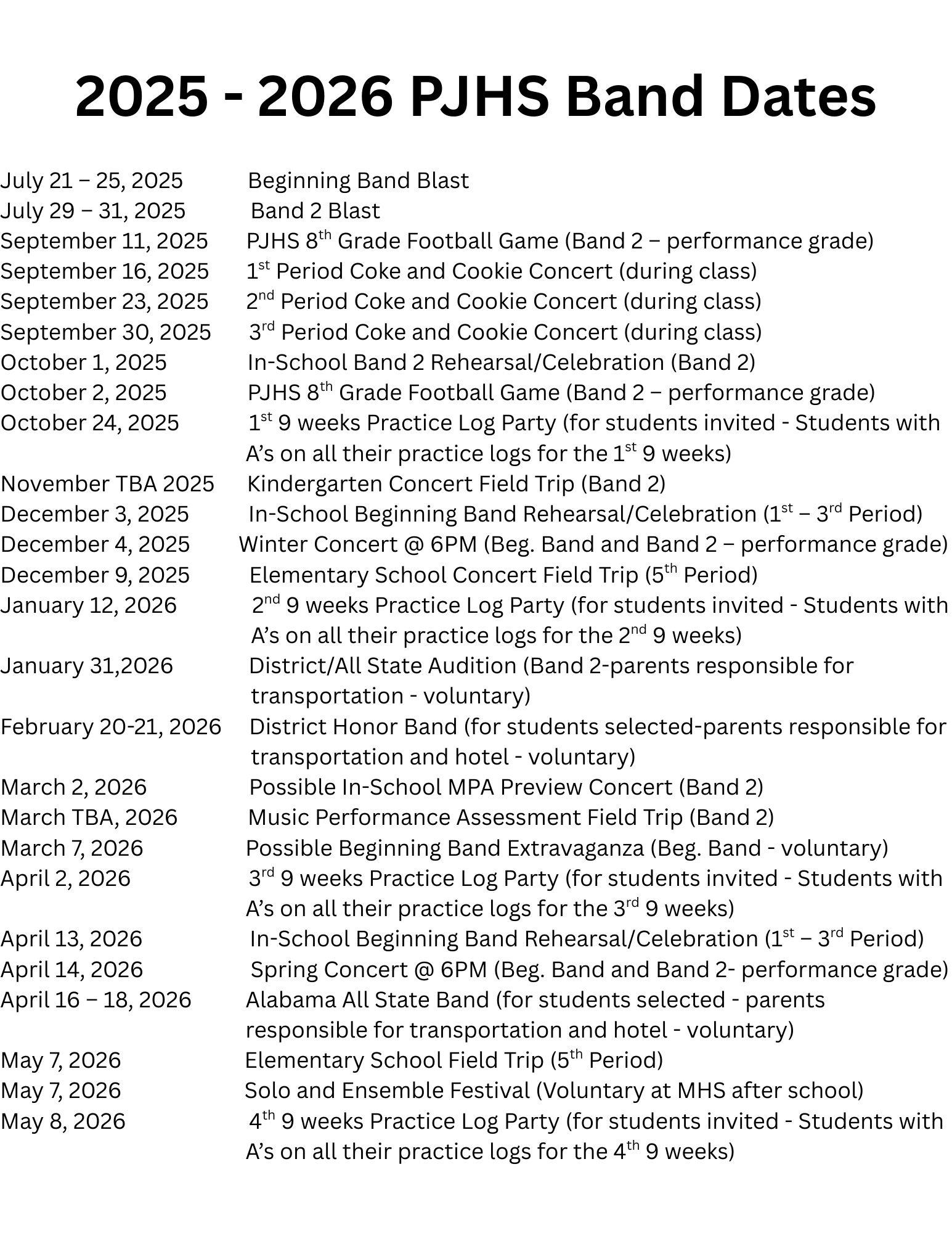 2025-2026 band dates