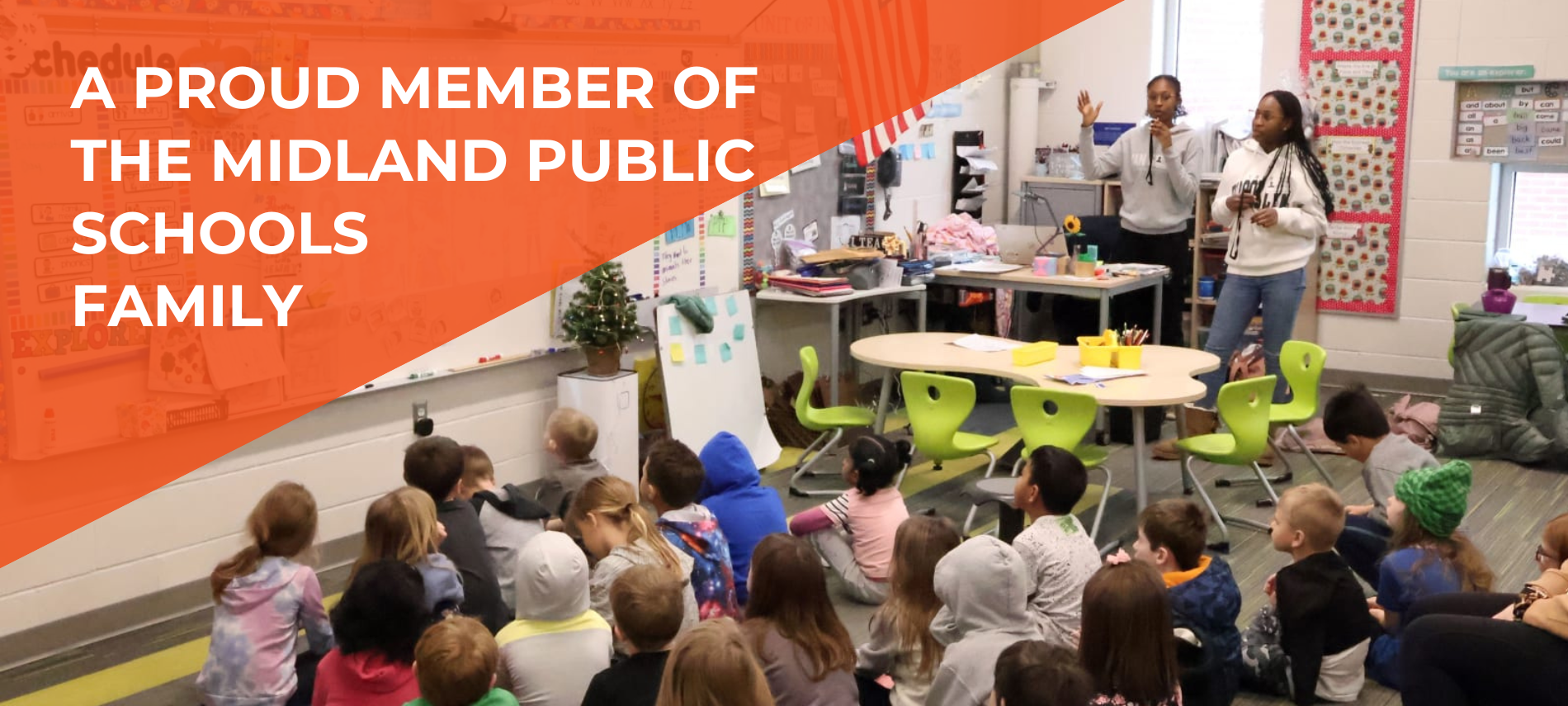 A proud member of the midland public schools family over a photo of a classroom