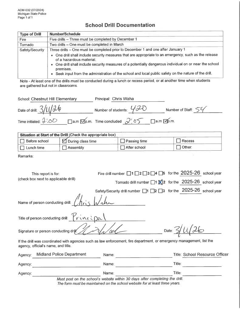 Form for Chesnut Hill Elementary's second tornado drill of 2025-2026