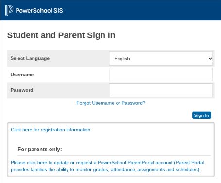 PowerSchool Student and Parent Sign In page