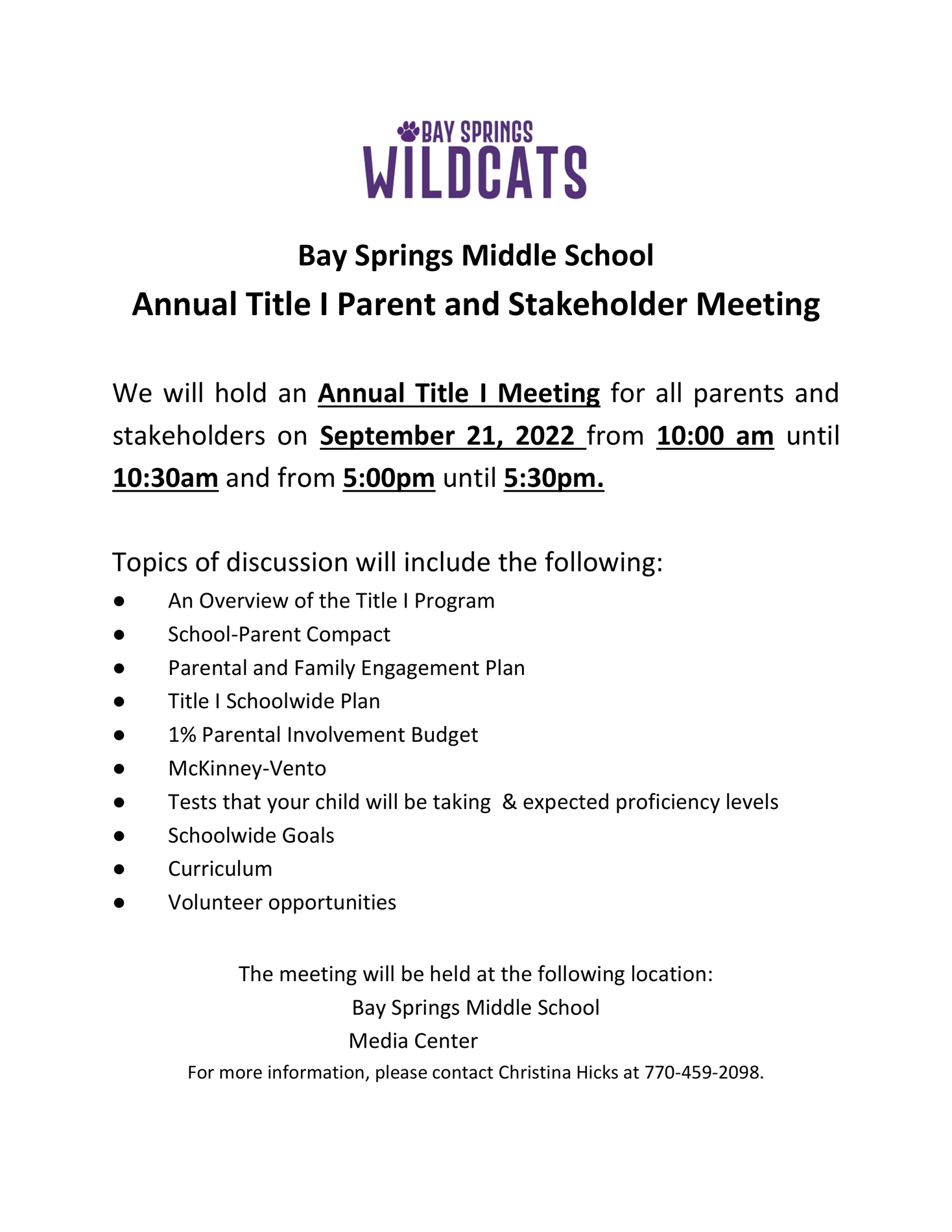 Annual Title  Parent and Stakeholder Meeting 2022-2023