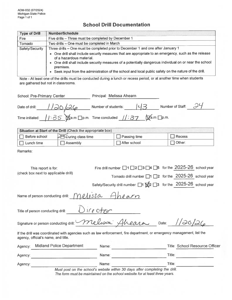 Form for Carpenter Pre-Primary second safety drill of 2025-2026