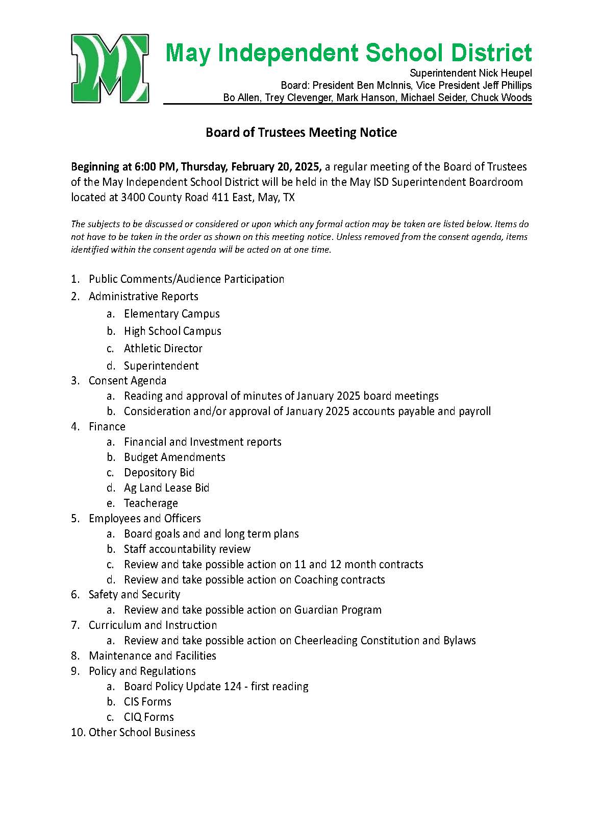 02-20-2025 Board Meeting Agenda