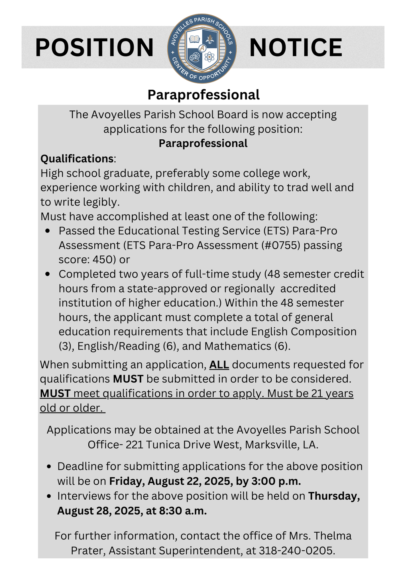 Paraprofessional Job Posting 8.12.25