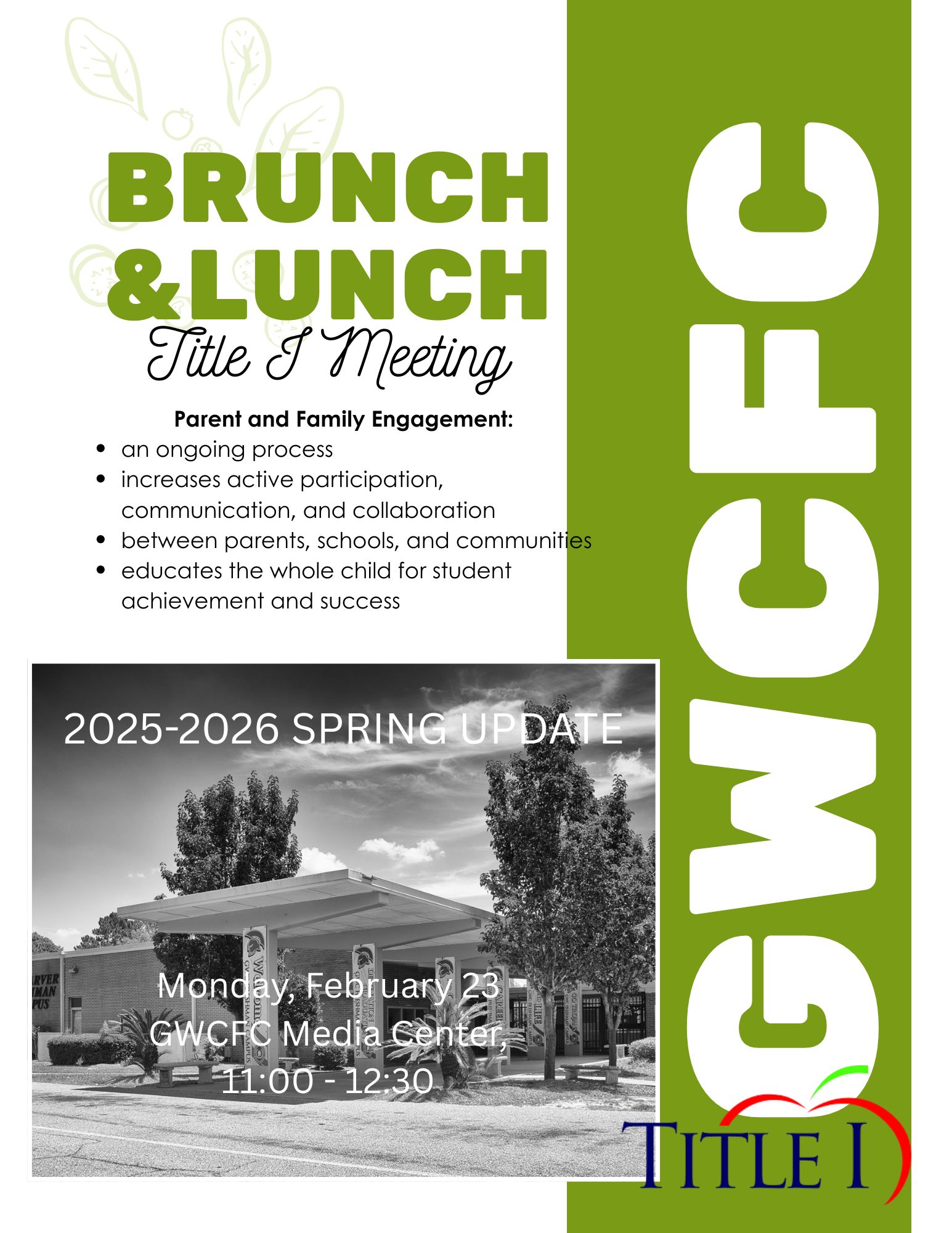 Green and White flyer with details about the title 1 meeting 