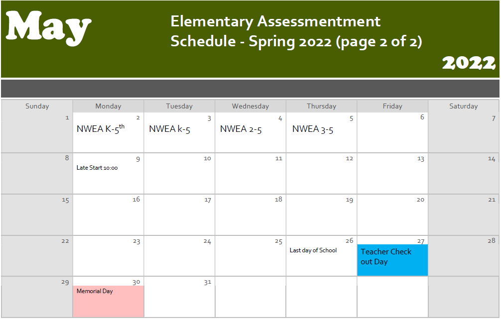 Page 2 of elementary assessment schedule